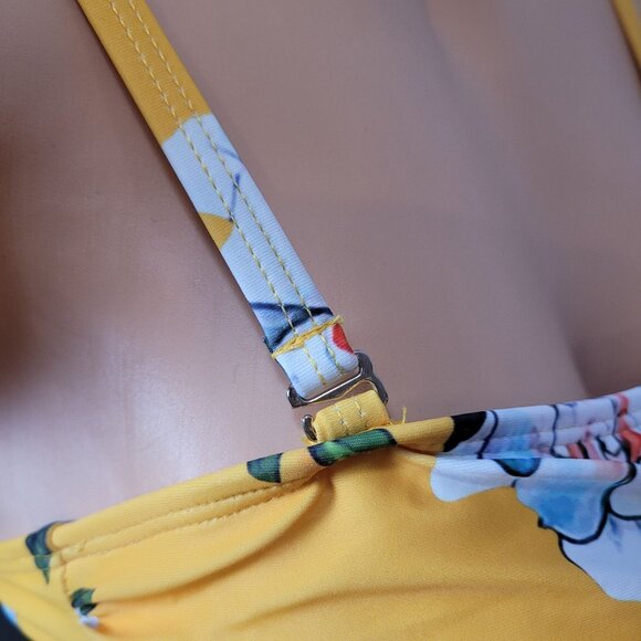 NWT - Smismivo Yellow Floral One-Piece Swimsuit With Ruched Front & Adjustable S - Picture 11 of 16
